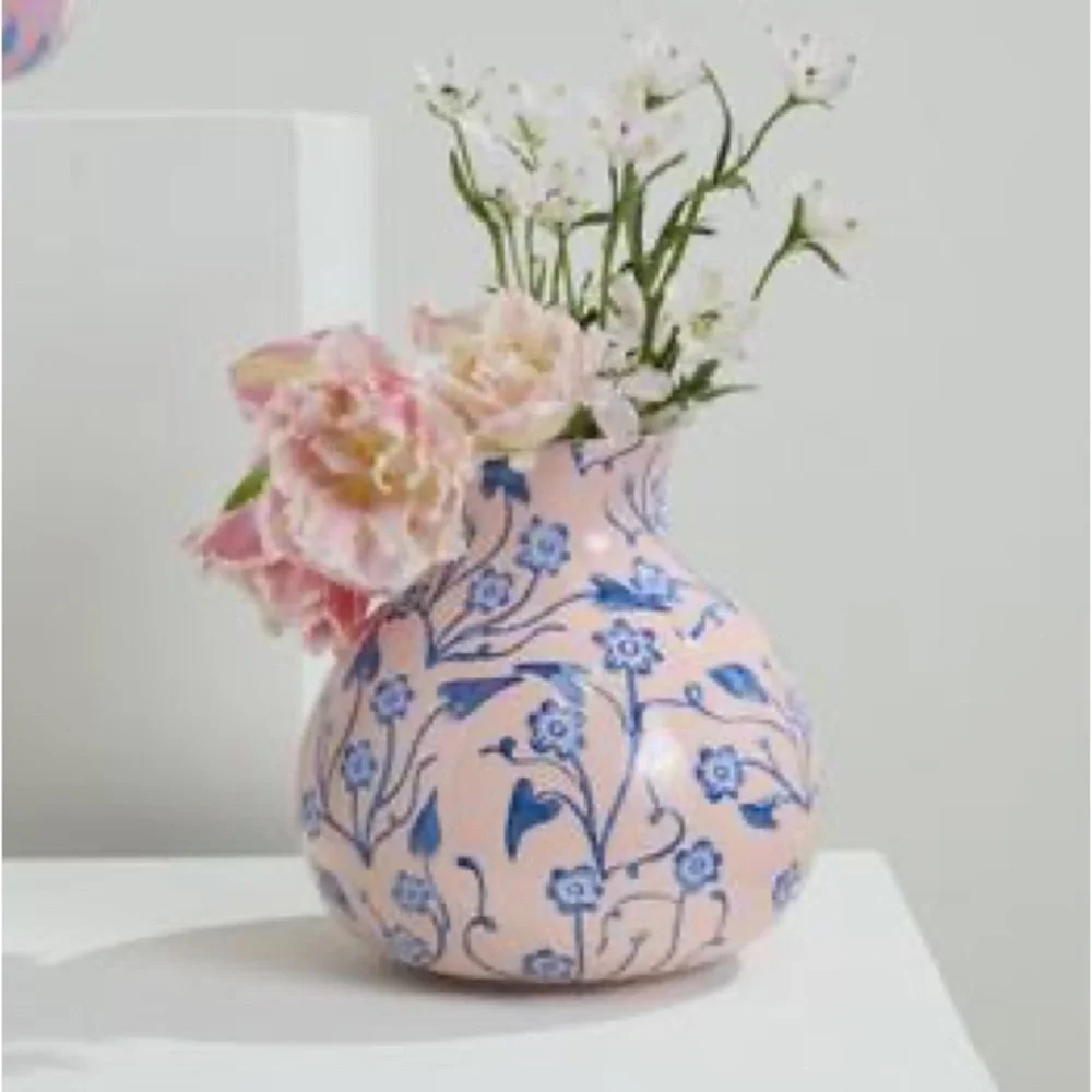 Anthropologie Pink Floral Vase | Blue Botanical Ceramic | Cottagecore Decor NWOT